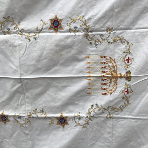 Chanukah By Jabara 100% Cotton Tablecloth With Embroidered Menorah & Crown Desig - Picture 8 of 16